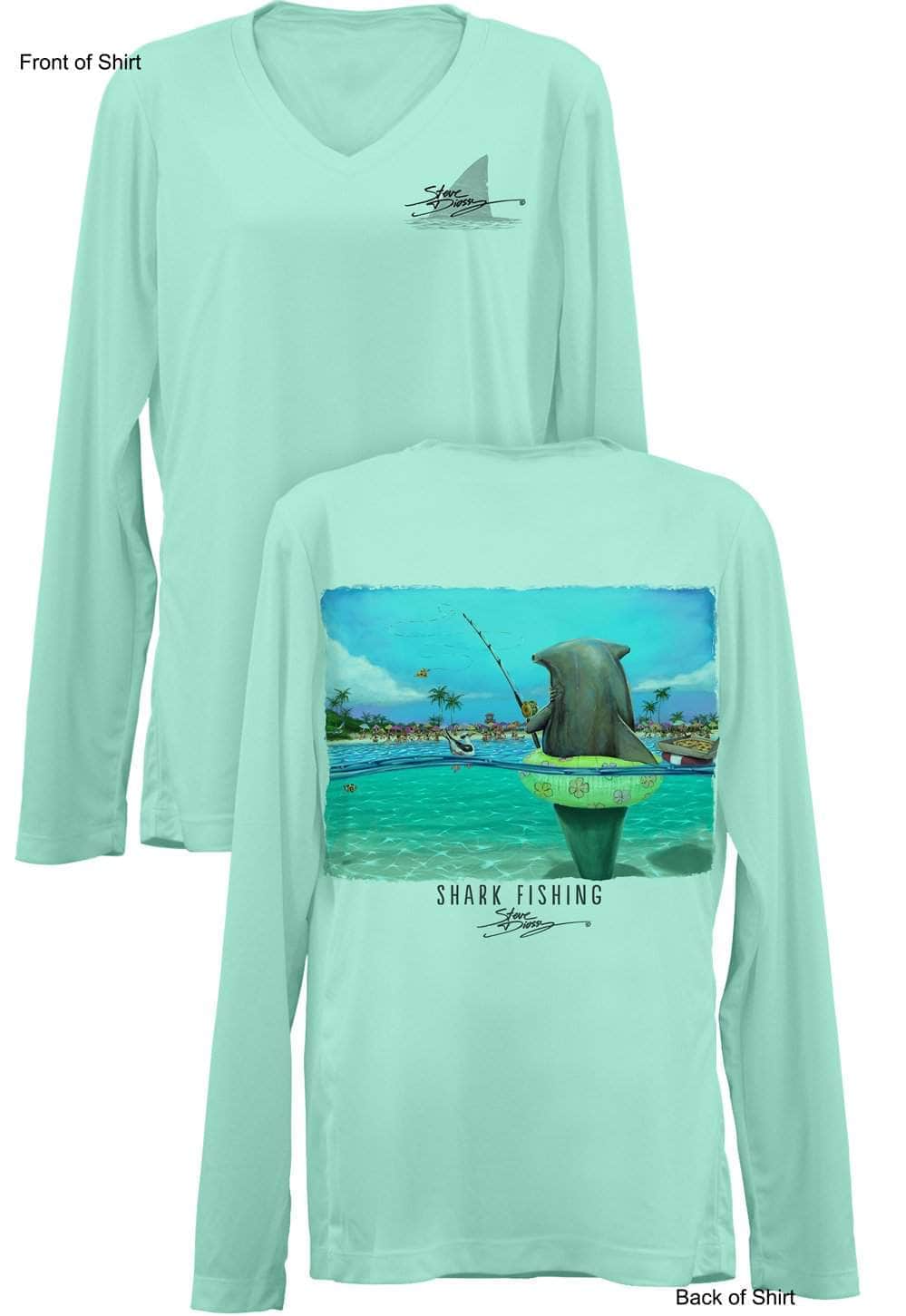 Shark Fishing- Ladies Long Sleeve V-Neck-100% Polyester